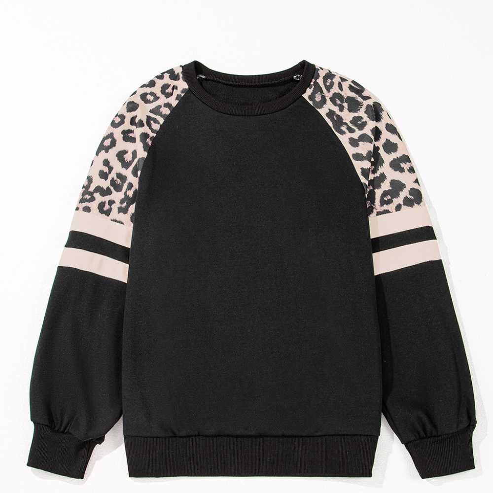 1 MEDIUM LEFT!!! Black Leopard Print Colorblock Raglan Sleeve Sweatshirt - Picture 7 of 14